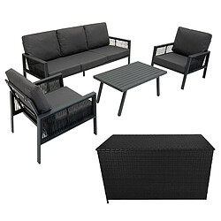 Monstershop Lot de Salon de Jardin 4 Pièces en Aluminium Gris Anthracite & Coffre de Rangement 582 L en Rotin Noir