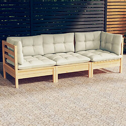 ZMH Canapé 3 places de jardin et coussins crème Bois de pin solide
