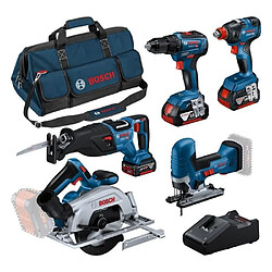 Bosch Pack 5 outils : GSR 18V-55 + GST 18V-125 S + GKS 18V-57-2 + GSA 18V-28 + GDX 18V-200 + 3 batteries 4.0Ah + GAL 18V-40 + sac L