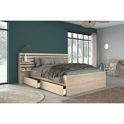 PARISOT Lit adulte ESCALE 160x200 cm - Décor chene du Japon - 2 tiroirs + Tete de lit - L222,8 x H98,2 x P216,8 cm - Fabriqué en France