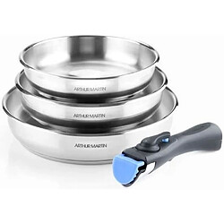 Set de 3 poeles 20-24-26 cm Arthur Martin AM1410 - Acier Inoxydable - Poignée amovible -...