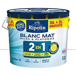 Peinture murale et plafond 2 en 1 Ripolin, blanc mat, 10 L + 2 L offerts