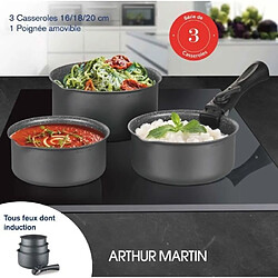 Acheter Arthur Martin Set de 3 casseroles Gris Mat 16-18-20 cm + 1 poignée amovible - Aluminium ? Revetement a...