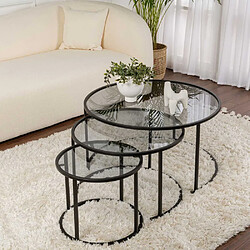 Hanah Home Ensemble de 3 tables gigognes rondes en métal et verre Aurum noir avec verre gris.