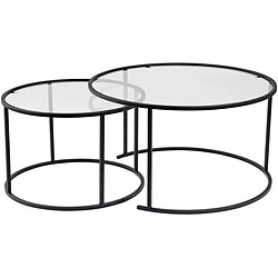 Hanah Home Ensemble de 2 tables gigognes rondes en métal et verre Auruma noir avec verre transparent.