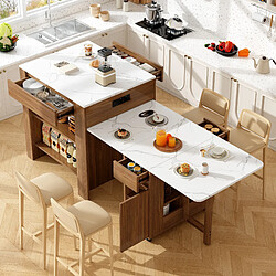 Roomfitters Bar Table Extensible Avec Rangement, 2-6 Personnes, Plateau En Marbre, 2 Étagères, Noyer