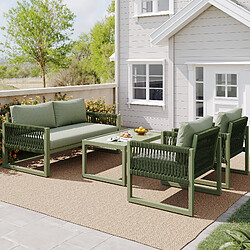 Roomfitters Ensemble Fauteuil Jardin, Fer Galvanisé, Revêtement Corde, Inclus Coussins, 4 Pièces, Vert