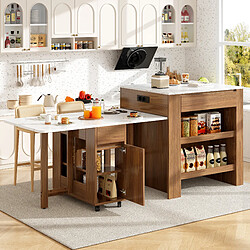 Roomfitters Bar Table Extensible Avec Rangement, 2-6 Personnes, Plateau En Marbre, 2 Étagères, Noyer
