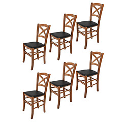 T M C S Tommychairs - Set 6 chaises CROSS structure en hêtre peindré en noyer clair, assise revêtue en cuir artificiel noir
