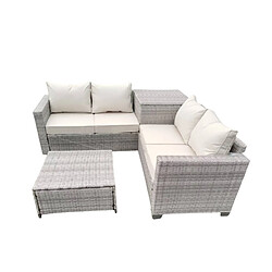 Concept Usine Salon de jardin d'angle 4 places en résine tressée avec coffre de rangement gris et beige ABACOS
