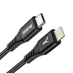 Akashi Câble USB-C vers Lightning Charge Rapide 3A et Synchronisation 1m Noir
