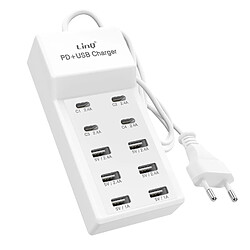 LinQ Station de Charge Multiport 4 USB-C + 6 USB 50W Câble 1m Compact Blanc