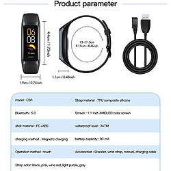 Bracelet Intelligent C60 - Mesure Température, Pression Sanguine, Fréquence Cardiaque, SpO2, Sommeil & Activité - Noir