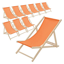 Ecd Germany Lot de 10 chaises longue de jardin bain de soleil orange cadre bois de pin 120kg