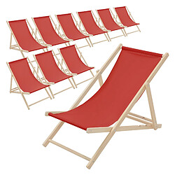 Ecd Germany Lot de 10 chaises longue de jardin bain de soleil rouge cadre bois de pin 120 kg