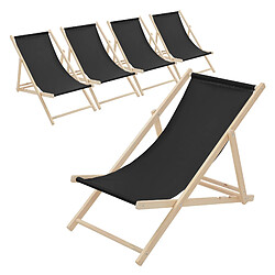 Ecd Germany Lot de 5 chaises longue de jardin bain de soleil noir cadre bois de pin 120 kg