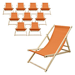 Ecd Germany Lot de 10 chaises longue de jardin bain de soleil orange cadre bois de pin 120kg
