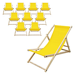 Ecd Germany Lot de 10 chaises longue de jardin bain de soleil jaune cadre bois de pin 120 kg