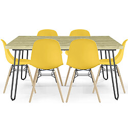 ICONIK INTERIOR Pack Table Hairpin (90x150 cm) + 6 Chaises de Salle à Manger Nórdicas Skögur Jaune