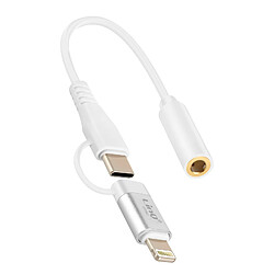 LinQ Adaptateur Audio Jack 3.5mm Femelle vers Lightning et USB C Mâle Blanc