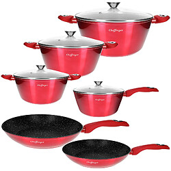Cheffinger Ensemble de Cuisine 10 Pièces 3 Marmites/2 Poêles/1 Casserole Revêtu en Marbre Rouge