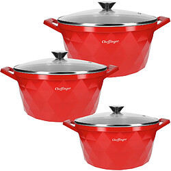 Cheffinger Ensemble de 3 Marmites 20 / 24 / 28 cm Motif Diamant avec Poignées et Couvercles Rouge