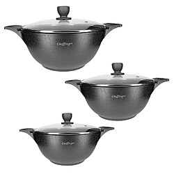 Cheffinger Ensemble de 3 Marmites 20 / 24 / 28cm Modèle Crocodile en Aluminium Résistant Noir