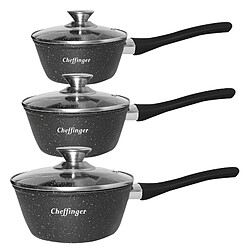 Cheffinger Lot de 3 Casseroles Revêtement Antiadhésif et Anticorrosion avec Couvercle Noir