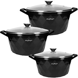 Cheffinger Ensemble de 3 Marmites 20 / 24 / 28 cm Motif Diamant avec Poignées et Couvercles Noir