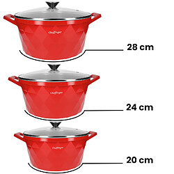 Avis Cheffinger Ensemble de 3 Marmites 20 / 24 / 28 cm Motif Diamant avec Poignées et Couvercles Rouge