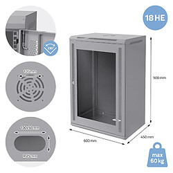 Ecd Germany Armoire serveur 19" boîtier réseau murale gris en acier rack 18U 600x450x900 mm