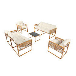 Concept Usine Salon de jardin 8 places effet rotin coussins blancs TURINI