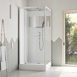 Aurlane Cabine de Douche Carrée 90x90cm Porte Pivotante - Blanche - Bande Effet Miroir - SQUARE STRIPE