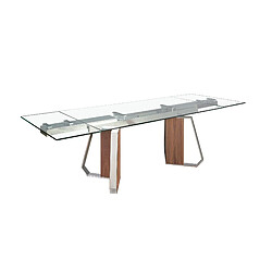 Angel Cerda Table de salle à manger rectangulaire à rallonge en verre trempé, noyer et acier chromé