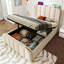 HAUSS SPOLE Lit coffre 90x200 cm - Tête rembourrée - Beige - Lit Simple 90x200 cm - Lit avec Tiroirs et Fonction USB - Lin - Sans Matelas - Beige