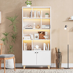 Roomfitters Bibliothèque avec pieds en bois massif, portes doubles, niches de rangement et éclairage d’ambiance avec télécommande, Blanc