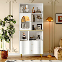 Roomfitters Bibliothèque avec porte, tiroirs silencieux, télécommande, éclairage à changement de couleur et structure en métal, Blanc