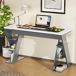 Roomfitters Bureau avec support en X, étagère à six niveaux et design coordonné en gris et blanc, élégant et stable, Blanc+Gris