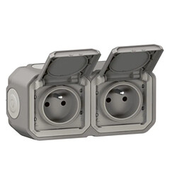 Double prise étanche précâblée avec volet Plexo 16A 250V horizontal Grise- Legrand