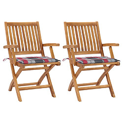 vidaXL Chaises de jardin lot de 2 avec coussins à carreaux rouge Teck