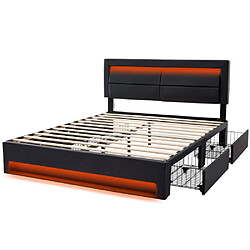 Acheter modfu Lit adulte 140x190 cm avec 4 tiroirs, port USB, LED, PU, noir