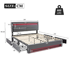 Avis modfu Lit adulte 140x200 cm avec 4 tiroirs, port USB, LED, PU, gris