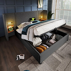 OKWISH Lit coffre 180x200 cm Lit lampe lecture - Gris Lit coffre 180x200 cm - Lit double capitonné avec ports USB et lampe de lecture - Lin - Sans Matelas - Gris