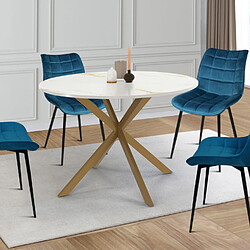Idmarket Table à manger ronde ALIX 6 pe - Table à manger ronde ALIX 6 personnes pied araignée laiton et plateau effet marbre doré ALASKA 110 cm