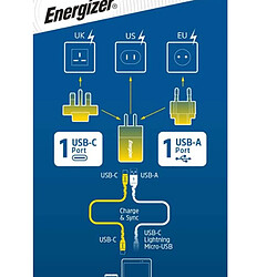 ENERGIZER Chargeur GaN Secteur 4A USB-C Multiprise EU / UK / US 20W avec Câble Noir pas cher