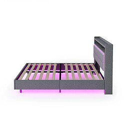 modfu Lit adulte 160x200 cm avec rangement, LED, USB, lin, gris pas cher