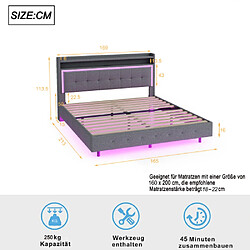 Avis modfu Lit adulte 160x200 cm avec rangement, LED, USB, lin, gris