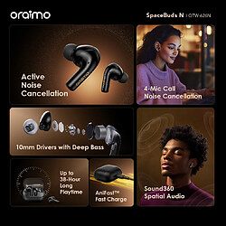oraimo SpaceBuds N - Écouteurs Bluetooth sans fil – 38?h autonomie, ANC, Sound360 Spatial Audio, IPX5, Multi-Appairage