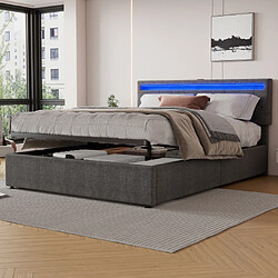 modfu Lit coffre 160x200 cm - LED, USB - lin gris