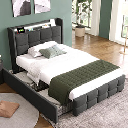 modf Lit enfant 90x200 cm avec LED, USB, prises et 2 tiroirs, lin, gris